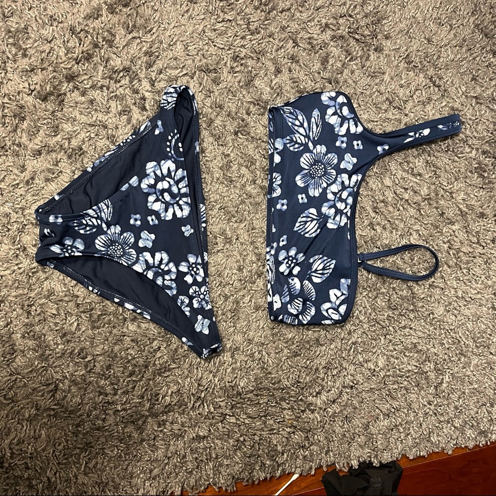 blue floral bikini. top is size XS, bottems S. no padding in top (negotiable)